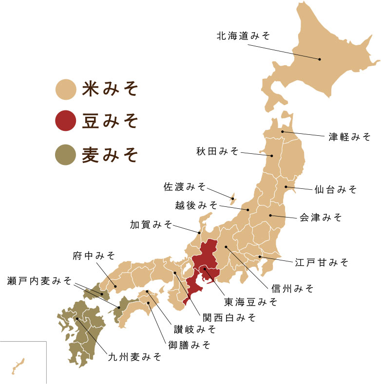 日本の米みそ　豆みそ　麦みその分布図