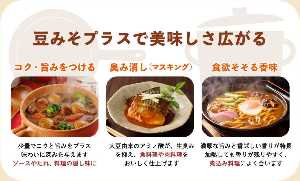 豆みそプラスで美味しさ広がる　コク・旨みをつける少量でコクと旨みをプラス　味わいに深みを与えます　ソースやたれ、料理の隠し味に。臭み消し（マスキング）　大豆由来のアミノ酸が、生臭みを抑え、魚料理や肉料理をおいしく仕上げます。食欲そそる香味　濃厚な旨みと香ばしい香りが特長　加熱しても香りが残りやすく、煮込み料理によく合います