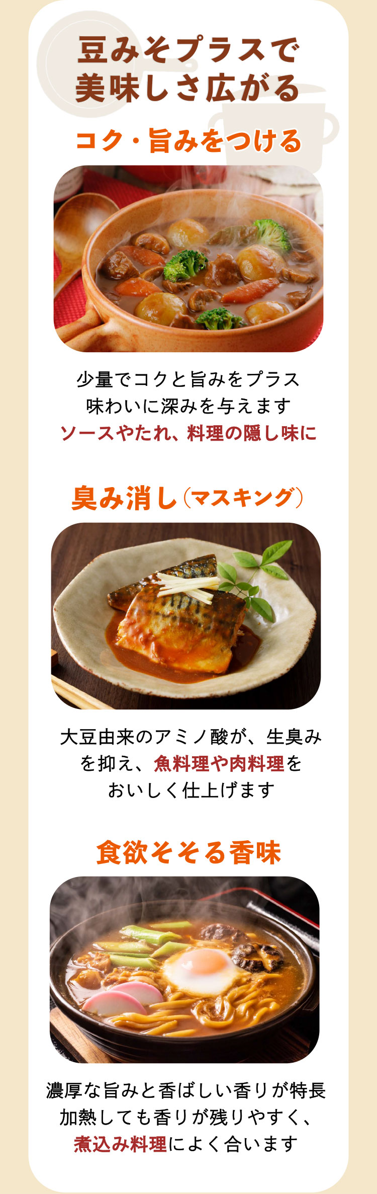 豆みそプラスで美味しさ広がる　コク・旨みをつける少量でコクと旨みをプラス　味わいに深みを与えます　ソースやたれ、料理の隠し味に。臭み消し（マスキング）　大豆由来のアミノ酸が、生臭みを抑え、魚料理や肉料理をおいしく仕上げます。食欲そそる香味　濃厚な旨みと香ばしい香りが特長　加熱しても香りが残りやすく、煮込み料理によく合います